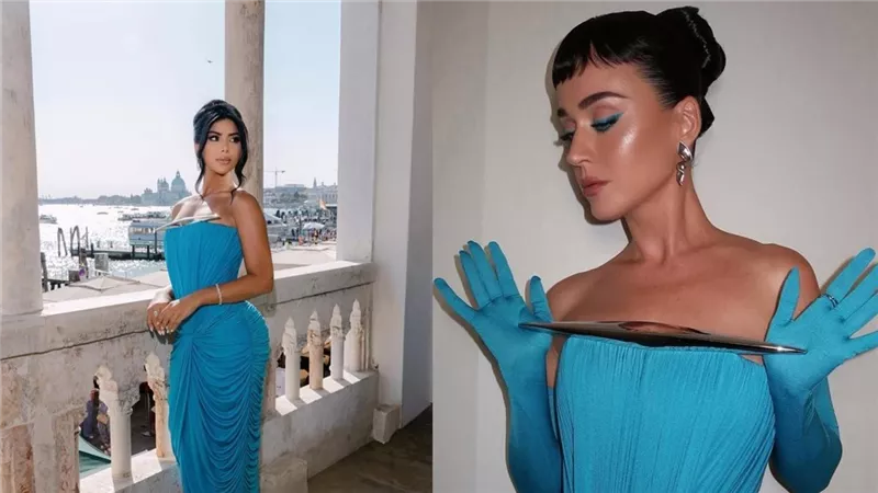 كارولين عزمي وكاتي بيري بإطلالتين متشابهتين باللون الأزرق السماوي